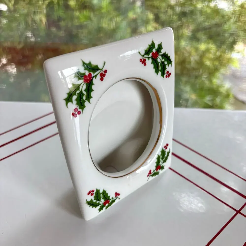 Vintage Japan Ceramic Christmas Holly Picture Frame Gold Trim